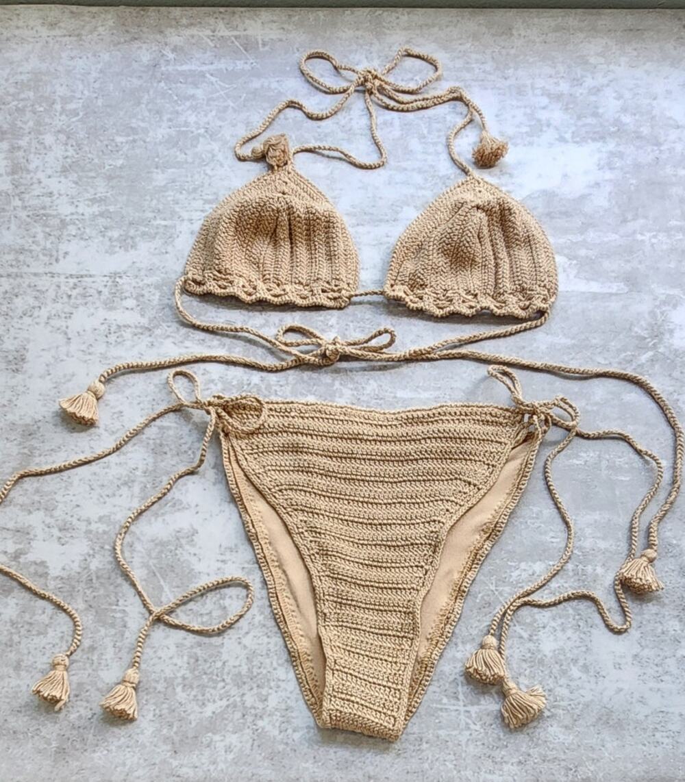 Bohemian Crochet Bikini Set Womens S Tan Halter 2PC Set Adjustable Resortwear
